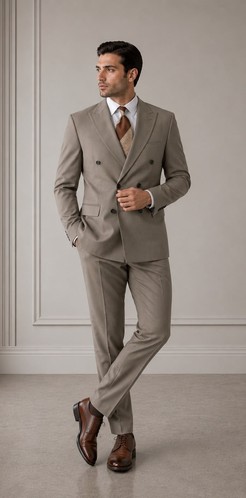 Taupe double-breasted suit on a model